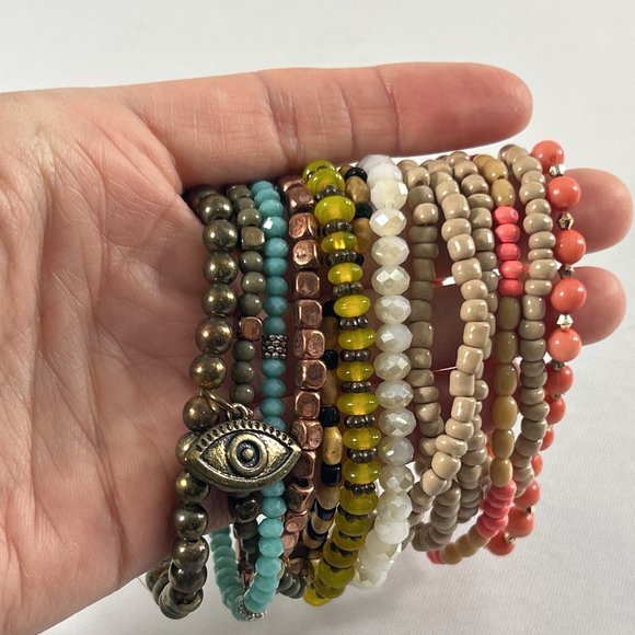 Lot 13 Small Beaded Lot Stretch Bracelets Multi Color Third Eye Chakra - Picture 3 of 9